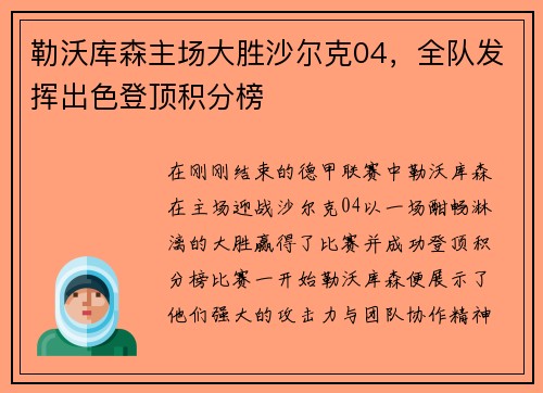 勒沃库森主场大胜沙尔克04，全队发挥出色登顶积分榜