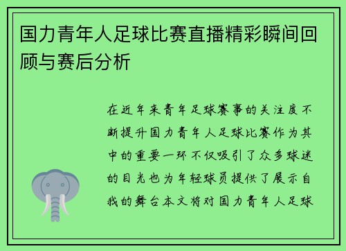 国力青年人足球比赛直播精彩瞬间回顾与赛后分析
